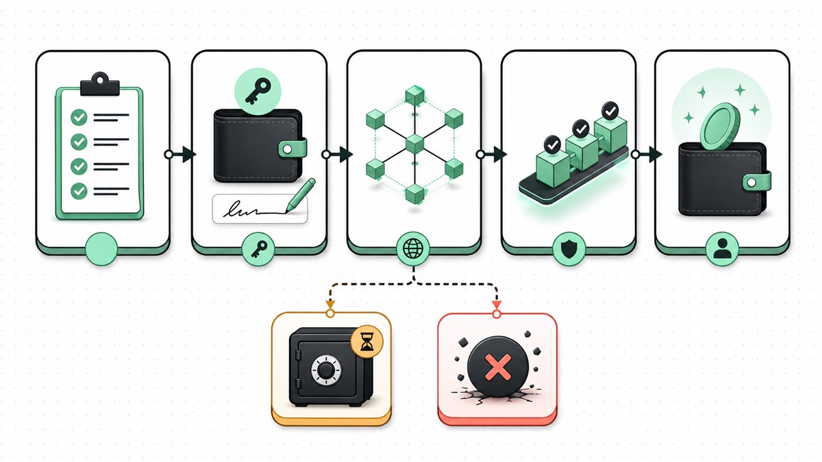 DeBox 链上交易从准备、签名、广播、确认到收款方入账的状态生命周期示意图